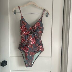 Floral Kids One Piece Swimsuit - Gray and Red